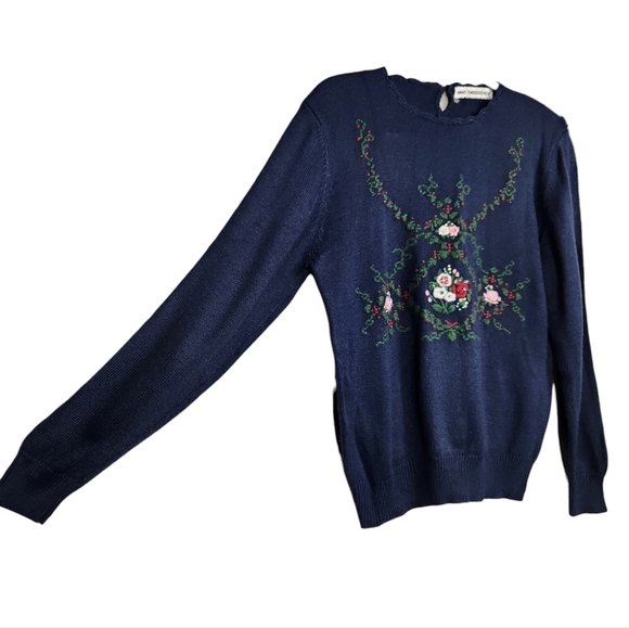 Vintage Hand Embroidered Floral Navy Blue Ribbed Knit Sweater Women's Small - Picture 2 of 5